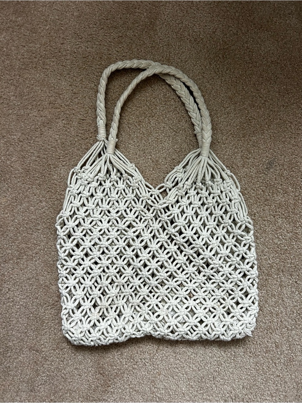 Handmade Cream Macrame Tote Bag with Braided Handles